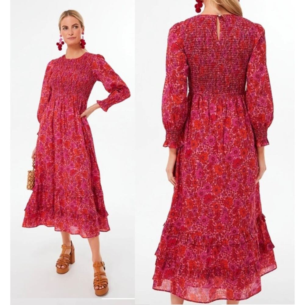 Pink City Prints Poppy Isabel Classic Smocked Floral Midi A-Line Dress Pink S